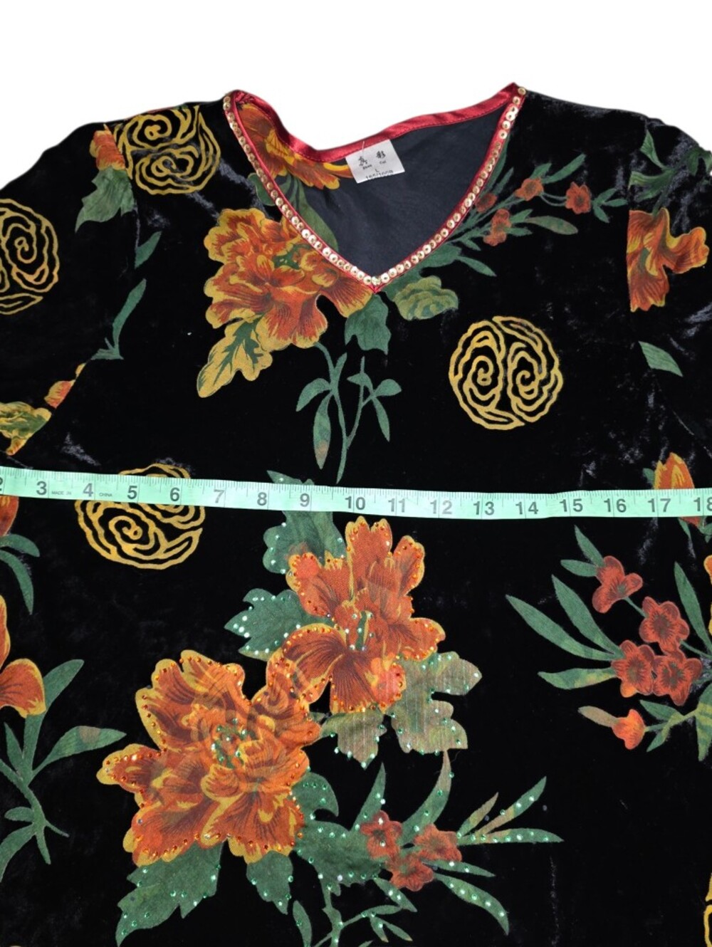 Zhen Cai Silk Velvet Burnout Floral Tunic Top Sz L Beaded Boho Artsy 3/4 Sleeves - Picture 7 of 10